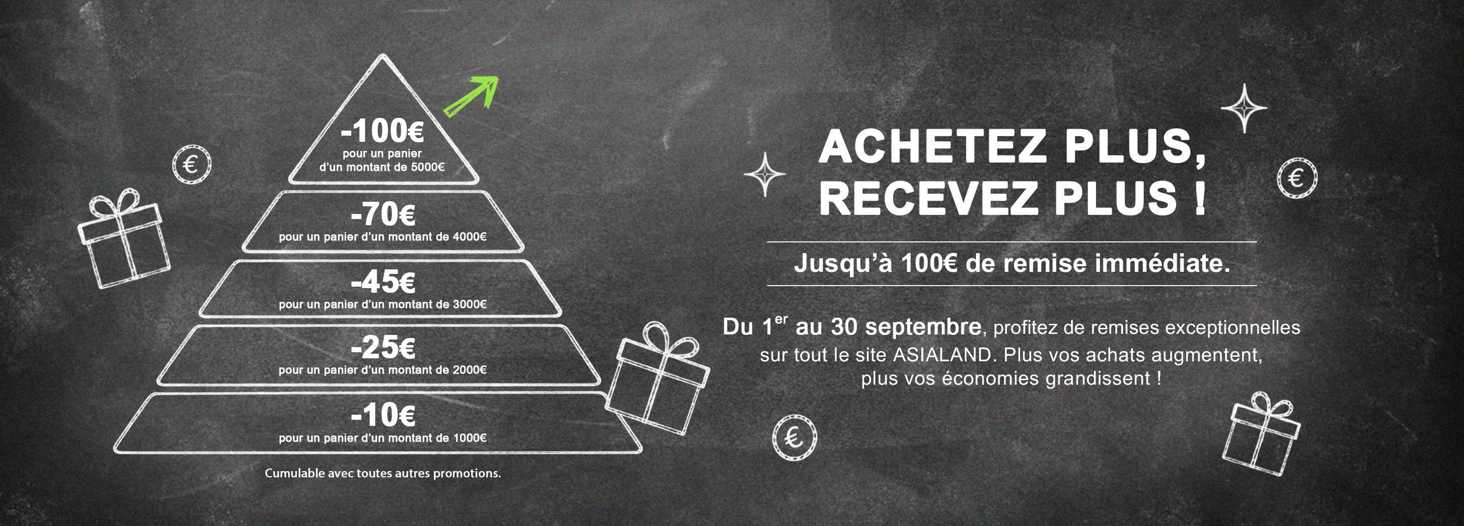 Achetez plus, recevez plus ! Jusqu’à 100€ de remise immédiate.